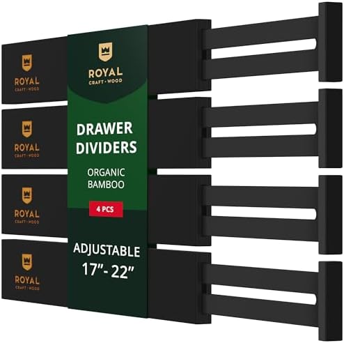 Bamboo Drawer Dividers Organizers, Adjustable Drawer Separator Splitters, 17–22 Inches Expandable Drawer Divider Organizer for Large Utensils, Kitchen, Bedroom, Dresser & Office Drawers 4-Pack, Black