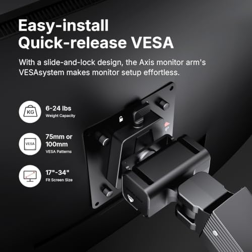 AndaSeat Axis Aluminum Single Monitor Arm for 17–34-Inch Monitors, Adjustable VESA Desk Mount, Supports Up to 24.2 lb, 75 × 75/100 × 100 mm, Black