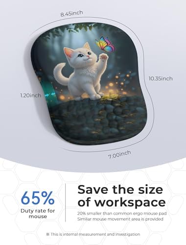 Adorable Kitty Cat Ergonomic Mouse Pad for Carpal Tunnel Pain Relief, 65% Usable Mouse Area, Memory Foam Concave Wrist Rest for Office, PC, Gaming