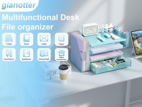 gianotter Desk Organizers and Accessories with File Holder, 4-Tier Desk Accessories & Workspace Organizers with Drawer and 2 Pen Holder, Desk Reference Organizer (Blue, 4T with Metal Drawer)