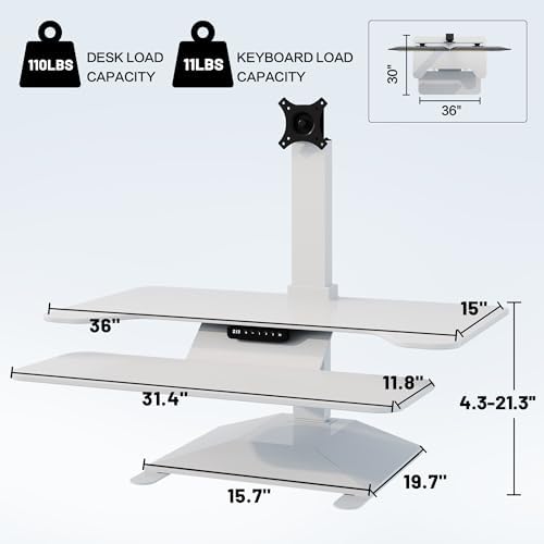 Electric Standing Desk Converter 36" Wide, Height Adjustable Desk Riser, Computer Workstation, Sit-Stand Convertor for Home, Office, School (White, 1 Arm Included)