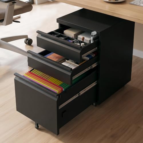 3 Drawer File Cabinet with Lock, Black Metal on Wheels