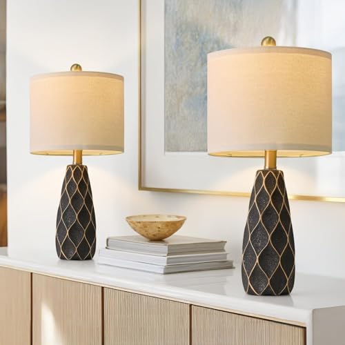 Samll Table Lamps Set of 2 for Living Room, 20.25" Black Bedside Boho Lamps