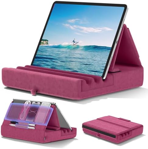 KDD Tablet Pillow Holder, Foldable iPad Stand for Lap, Bed and Desk -Tablet Soft Pad Dock with Pocket & Stylus Mount Compatible with iPad Pro 12.9, 10.5, 9.7 Air Mini 6 5 4 3, Galaxy Tab, E-Reader