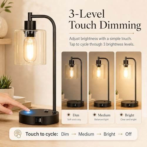 Industrial Touch Control Table Lamps Set of 2 - Black Bedside Lamps with 2 USB Ports and AC Outlet, 3-Way Dimmable Nightstand Desk Lamps for Bedroom Living Room, Glass Shade & 2 LED Bulbs Included