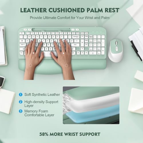 Wireless Keyboard and Mouse Combo, Full-Sized Ergonomic Wave Keys Keyboard with Memory Foam Wrist Rest & Phone Holder, 2.4G Quiet Keyboard Mouse Work Setup for PC Laptop, Office or Home (Mint Green)