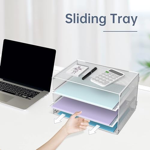 DALTACK 3 Tier Letter Tray Paper Organizer with Sliding Trays 2 Pack White