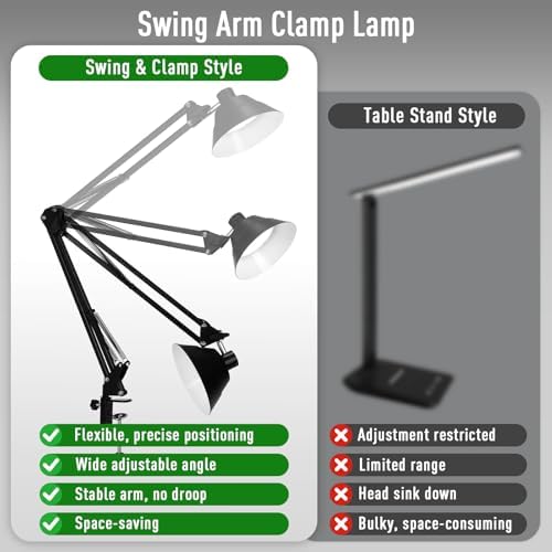 Led Desk Lamp for Home Office - Adjustable Swing Arm Desk Lamp with Clamp