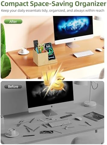 Bamboo Pen Holder for Desk with Wireless Charger, Desktop Organizer