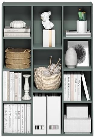 Furinno LUDER Book Shelf, 11-Cube Bookshelf, Reversible Bookcase, 9.4 x 29.1 x 41.7, Easy Assembly, for Living Room, Bedroom, Home Office, Sage Green