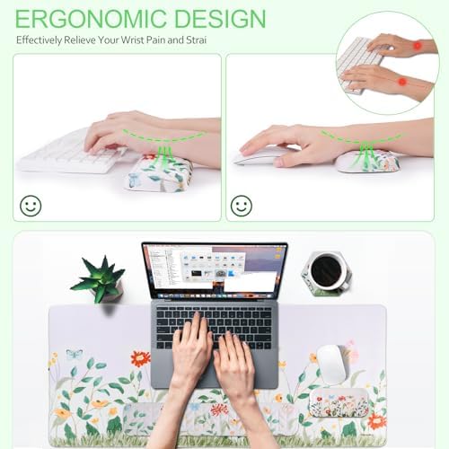 Petmolico 4-in-1 Wrist Rest Set with Desk Pad, Silver Wild Flowers