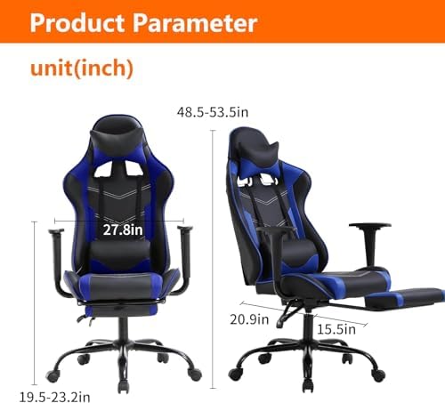 PC Gaming Chair with Footrest, Ergonomic Home Office Chair with Lumbar Support & Headrest Pillow, Blue