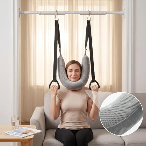 Neck Stretcher Cervical Traction: Cervical Neck Traction Device, Hanging Decompression Device with Wrist Straps & Hooks, Fits Home Pull-up Bars, Silver, One Size