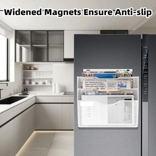 3-Tier Magnetic File Holder, No Drilling Installation File Cabinet Organizer, White Magnetic File Organizer, Magazine Rack, Magnetic Paper Holder for Refrigerator, File Cabinets,White