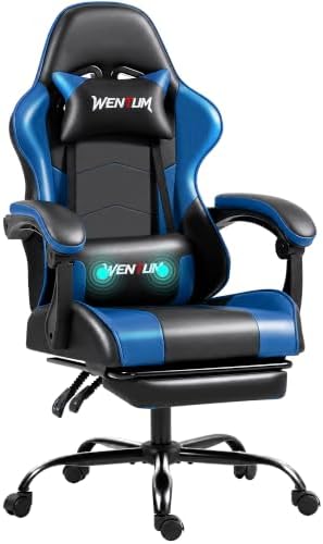 Gaming Chair with Footrest for Adults, PU Leather Massage Racing Video Game Chair with Lumbar Support for Men Women, Ergonomic Computer Gamer Chair for Home Office, Height Adjustable, Blue