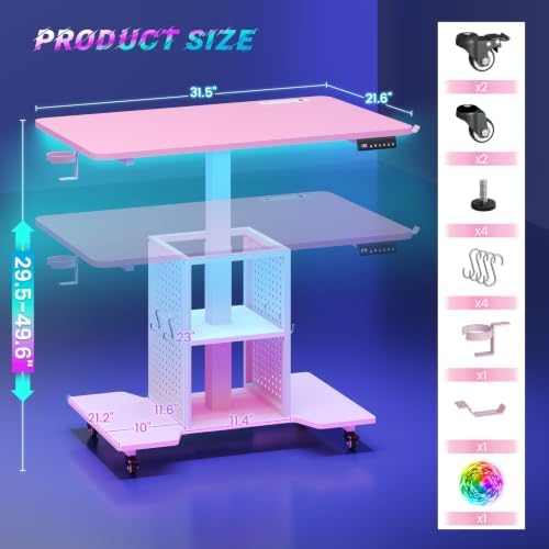 SEDETA Small Standing Gaming Desk, 31.5" Rolling Computer PC Desk Electric Height Adjustable with Power Outlet, Pegboard & Storage Shelves, LED Light, for Small Spaces/Bedroom/Gaming/Girl Room, Pink