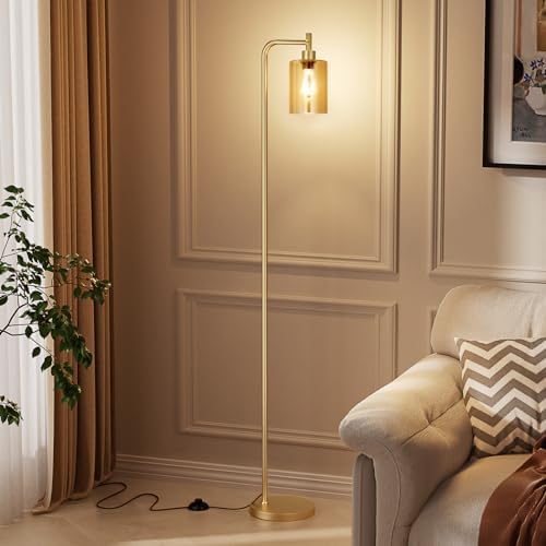 Ziisee Floor Lamps for Living Room - Gold Standing Lamp with Amber Glass Shade, Modern Floor Lamp with LED Bulbs, Bright Industrial Floor Lamp for Bedroom, Farmhouse Tall Lamp for Office