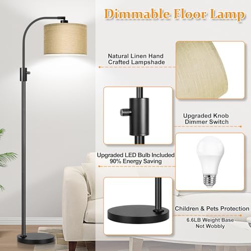 Nintiue Upgraded Modern Arc Dimmable Tall Standing Floor Lamp with Champagne Shade, 1200 Lumens LED Bulb Included, for Living & Reading Room, Bedroom, Office & Nursery, Black