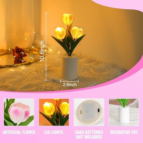 Artificial Pink Tulip Lamp, Bedroom Decor Light Birthday Gifts for Women