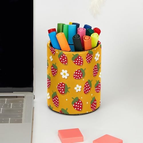 Strawberry Daisies Pen Holder Pencil Organizer Cute Pencil Cup Desk Decor Makeup Brush Holder PU Multifunctional Office Supplies for Home Classroom School
