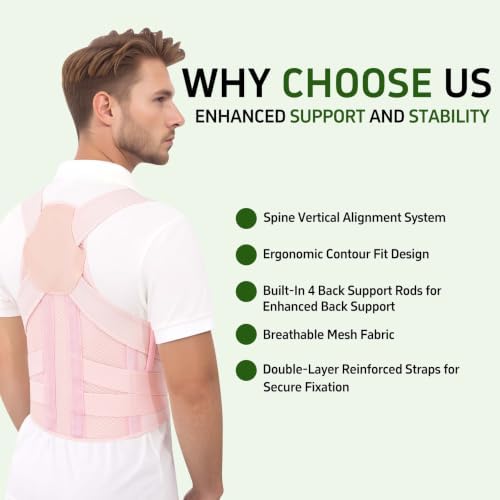 Posture Corrector for Women and Men Upper Back Brace Straightener Support Rounded Shoulder Adjustable Straps Breathable Mesh Office Work Computer Use Desk Job Studying Daily Wear (Pink XXL)