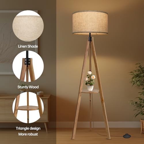 EOEYYOYB Floor Lamps for Living Room, Modern Standing Lamp with Shelf, 3 Color Temperature Led Bulb Tall Lamps with Foot Switch for Bedroom and Office, Burlywood