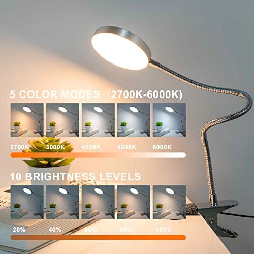 LiFMIRA Clip on Lamp Reading Light 5 Color Modes 10 Brightness 8W Silver