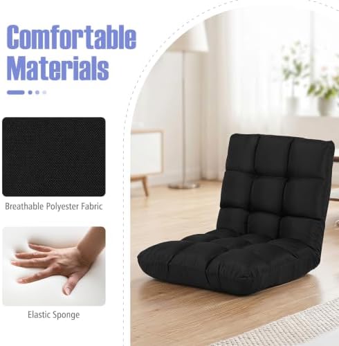 Giantex Adjustable Floor Gaming Sofa Chair 14-Position Cushioned Folding Lazy Recliner High Resilience Sponge, Breathable Cotton & Linen Fabric Sleeper Bed Couch Recliner (Black)
