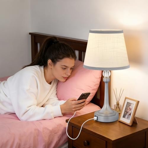 Touch Silver Table Lamp Set of 2 with USB C+A Ports-19.7''