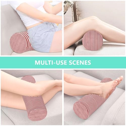Red White Stripes Neck Roll Pillow - Extra Dense Memory Foam Round Cylinder Bolster for Cervical Support, Spondylosis, Neck Pain Relief