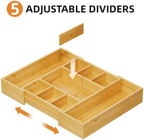 Marbrasse Bamboo Expandable Drawer Organizer, Desk Drawer Organizer Tray with 5 Dividers, Desk Organizers and Accessories, 10 Adjustable Compartments for Office Supplies, Junk, Makeup & Vanity