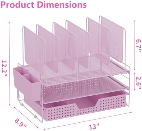 LEKETREE Pink Desk Organizer, Office Organization with Vertical File Holder, File Organizer with Drawer and Pen Holder, Desk Accessories and Workspace Organizers for Home Office (Pink)