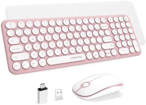 Wireless Keyboard and Mouse Combo,XTREMTEC 2.4GHz Quiet Slim Cute Round Keycap Compact Size Pink Kawaii Cordless Retro Keyboard and Mouse Set Home Office Accessories for Mac/Windows(Sakura Pink)