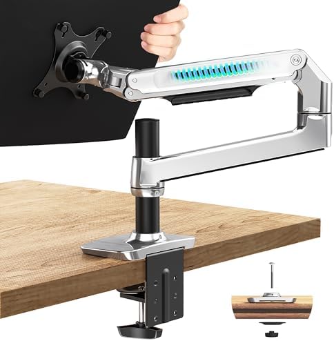 Ergounion Single Monitor Arm Desk Mount, Holds Screens up to 40 Inches and 25 lbs, Fully Adjustable Vesa Monitor Mount with C-Clamp and Grommet Base, Aluminum, Silver