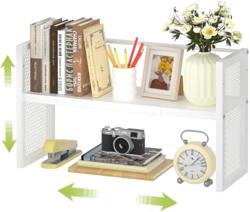 ThreeHio Expandable Desk Shelf Organizer, Desktop Bookshelf Adjustable Height, White Book Shelf for Top of Desk Organizers and Accessories, Metal Countertop Storage Display Rack for Home Office Dorm
