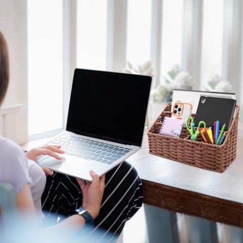 Woven Mail Organizer for Desk Countertop, Mail Holder Sorter Storage Basket for Desktop Counter, Mail Bill File Envelope Letter Holder Organizer Basket for Desk Desktop Countertop, Brown