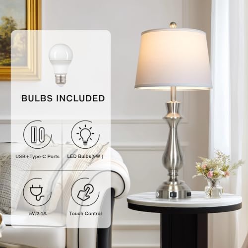 Modern Silver Table Lamp for Living Room,30" Tall Bedside Lamp with USB Charging Port,3-Way Dimmable Touch Nightstand Lamp for Bedroom Desk Side Table Office,Silver-1P