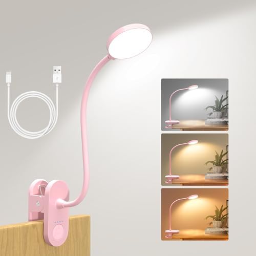 Rechargeable Clip on Bed Lamp, Cute LED Reading Lamp for Girls Dorm Room, Portable Book Light with Clamp on Bunk Bed Headboard, Bedside Table, Flexible Lamp with 3 Color & 10 Brightness (Pink/ 3.5'')