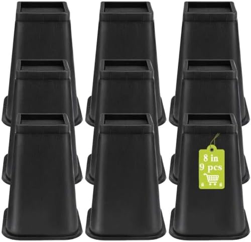 9 Pack Furniture Risers 8 Inch, Bed Risers Heavy Duty for Table Desk Couch Chair Sofa Cabinet Bed Frame Dorm, Square Table Leg Risers Lift Height 8", Black