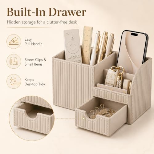 KINGFOM Luxury PU Leather Desk Organizer with Drawer, Modern Aesthetic Office Desk Accessories for Men & Women, Multi-Compartment Pen Holder & Desktop Storage Organizer for Home Office