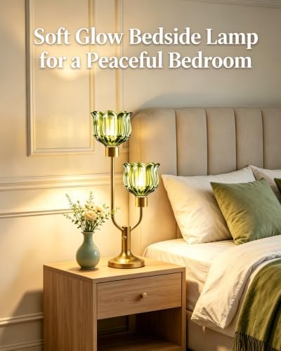 Lightdot Flower Table Lamp for Bedroom Vintage Green Glass Lamp Dimmable