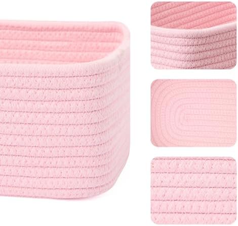 MiniArk Small Storage Baskets for Organizing | Closet Organizer Bins | Shelf Toy Basket | Woven Rope Baskets | Cube Decorative Box | Shallow Basket | 11.5x7.5x4.7” | 3 Packs Light Pink