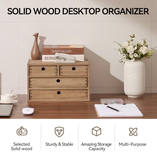 KIRIGEN Wood Desk Organizer with 4 Drawers, Desktop Storage, Brown 34-DBR
