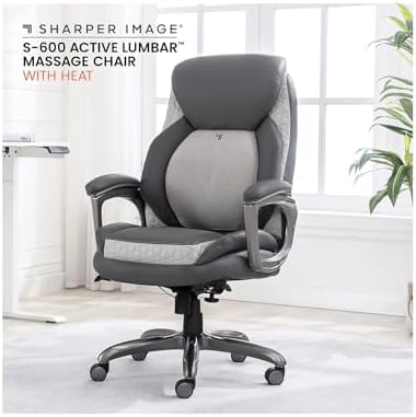Sharper Image S-600 Active Lumbar Heated Ergonomic Bonded Leather Swivel Executive Massage Chair, Gray (60098-GRY)