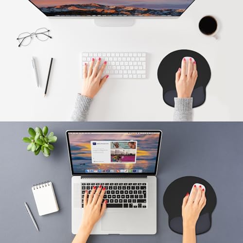 ITNRSIIET Ergonomic Mouse Pad with Wider Memory Foam Wrist Rest +17%, Curved Cushion Reduces Pressure 20%, Pain Relief, Non-Slip, Smooth, Cute Color Desk Accessory, 9.85 x 9 inch, Black Gray