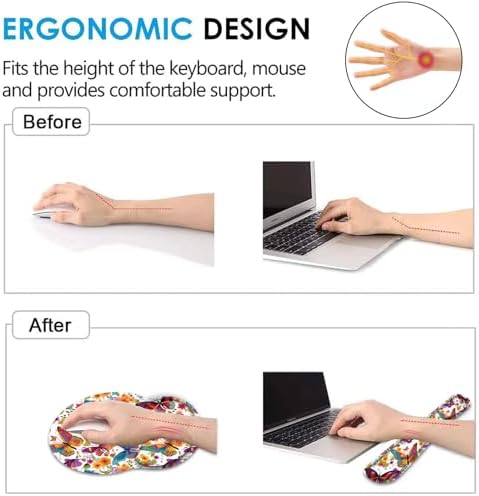 Keyboard Wrist Rest and Mouse Pad Wrist Support Set with Coaster,Ergonomic Mouse Pad,Comfortable for Easy Typing, Pain Relief,Memory Foam Keyboard Pad Set for Laptop Mac,Colorful Butterfly and Flower