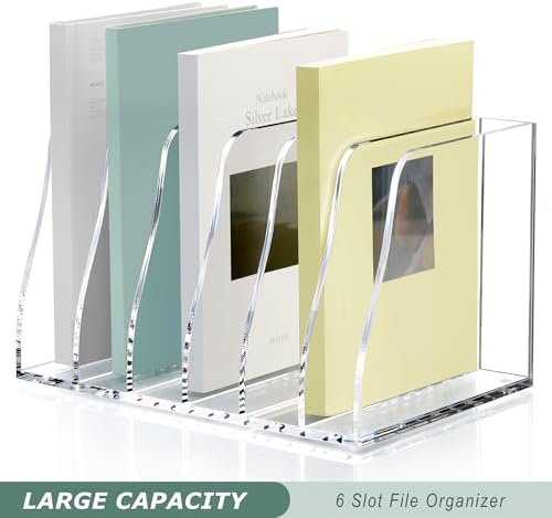 SANRUI Acrylic Magazine File Holder, 6 Vertical Compartments Desk Document Sorter Organizer, Clear Folder Rack Binder Bookstore Workspace Sorters for Office Accessories Organization Storage