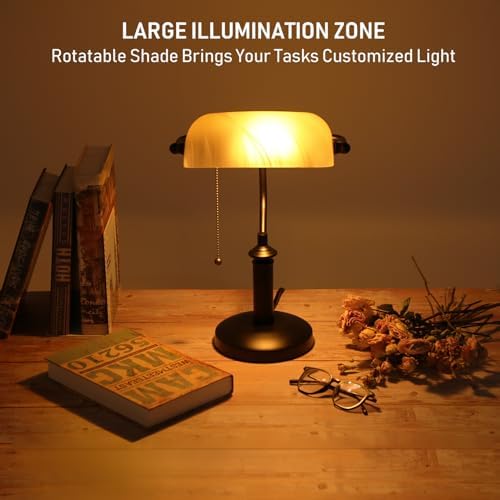 TORCHSTAR Pale Yellow Glass Bankers Desk Lamp with Pull Chain, E26 Base