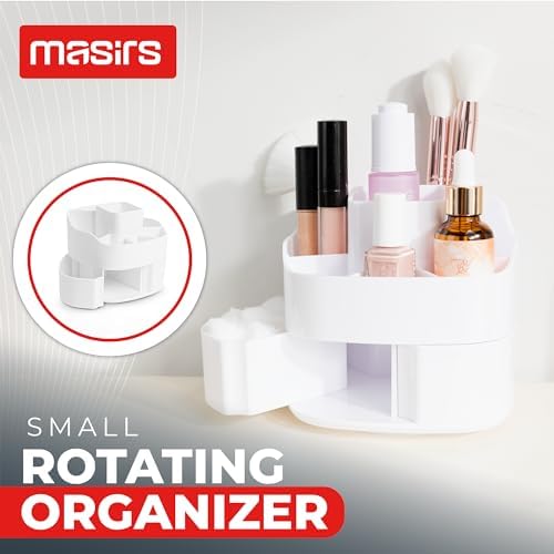 Masirs Small 360 Rotating Makeup Organizer, 5 Compartments, Square White