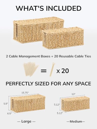 Cable Management Box, Cord Organizer with Lid & Cable Ties - Natural Set